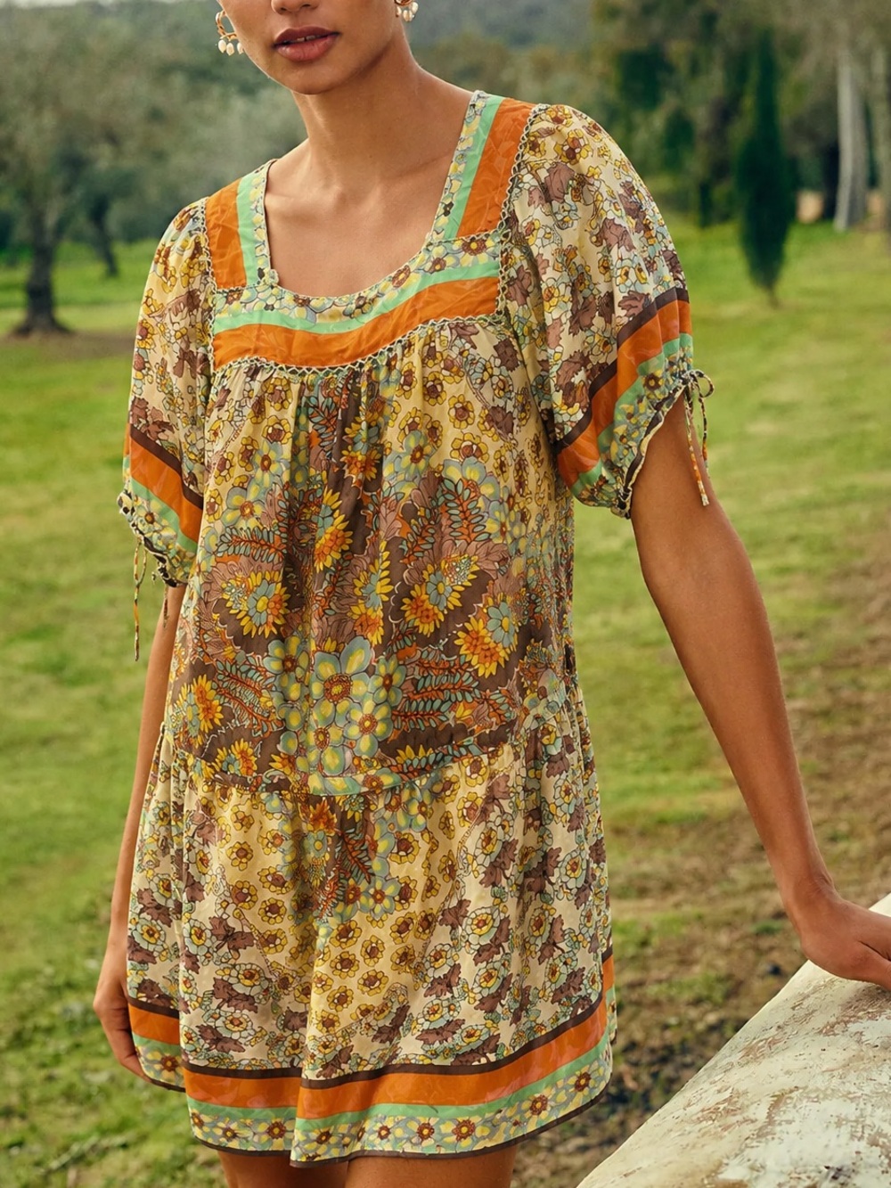 Johnny Was pure silk Boho Floral Printed Peasant Dress — Orange & Mint Accents